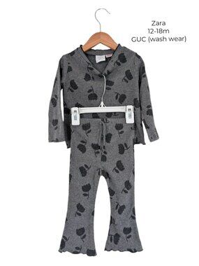 Zara Black & Grey Lettuce Hem Tulip Set | Ribbed Long Sleeve Top & Flare Legging